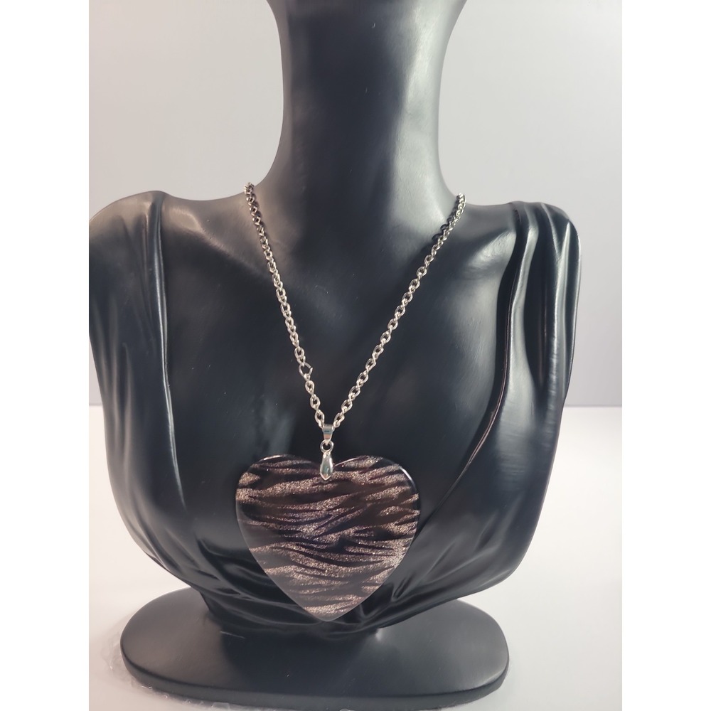 Black Gold Tone Zebra Print Heart Pendant Silver Tone Chain Necklace